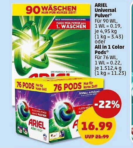 ARIEL Universal Pulver und All in 1 Color Pods im Penny-Prospekt