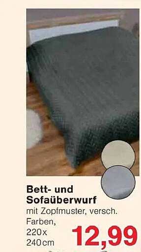 Bett- und Sofaüberwurf mit Zopfmuster, versch. Farben, 220 x 240 cm