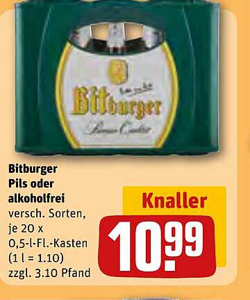 Bitburger Pils oder alkoholfrei, 20 x 0,5-L-Fl.-Kasten