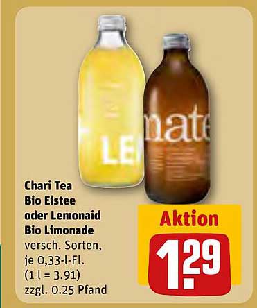Chari Tea Bio Eistee oder Lemonaid Bio Limonade 0,33 l