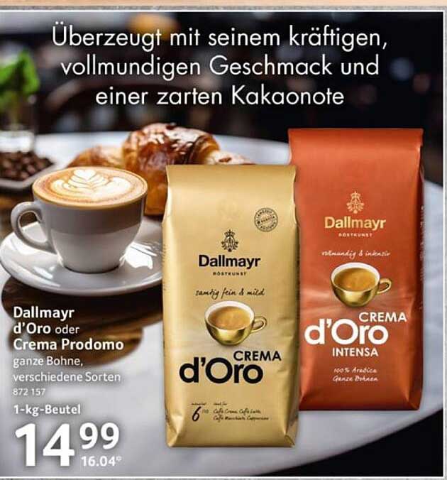 Dallmayr d'Oro oder Crema Prodomo – ganze Bohne, 1-kg-Beutel