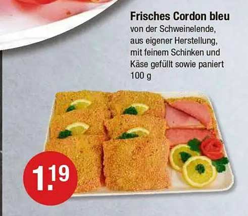 Frisches Cordon bleu von der Schweinelende, aus eigener Herstellung, mit feinem Schinken und Käse gefüllt sowie paniert 100 g