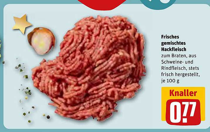 Frisches gemischtes Hackfleisch zum Braten, aus Schweine- und Rindfleisch, stets frisch hergestellt, je 100 g
