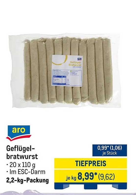 Geflügelbratwurst 20 x 110 g im ESC-Darm, 2,2-kg-Packung