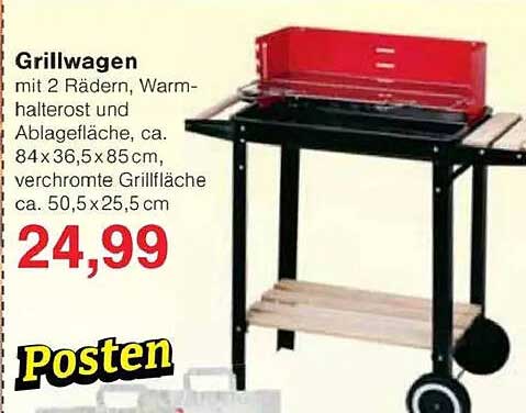 Grillwagen mit 2 Rädern, Warmhalterost und Ablagefläche
