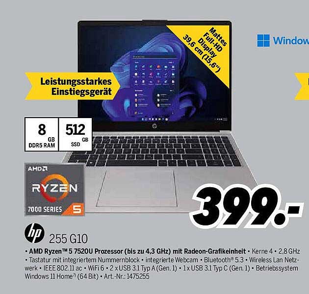 HP 255 G10 – Leistungsstarkes Einstiegslaptop