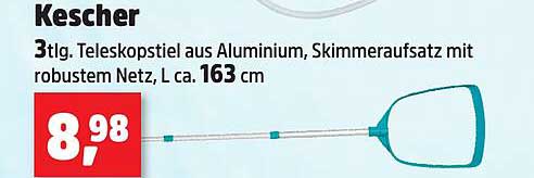 Kescher 3-tlg. Teleskopstiel aus Aluminium, Skimmeraufsatz mit robustem Netz, L ca. 163 cm