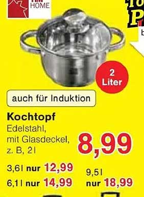 Kochtopf Edelstahl mit Glasdeckel, 2 Liter