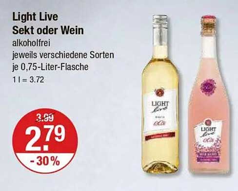 Light Live Sekt oder Wein, alkoholfrei, 0,75-Liter-Flasche