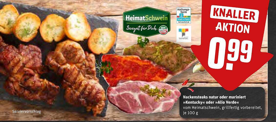 Nackensteaks natur oder mariniert »Kentucky« oder »Alio Verde« vom Heimatsschwein, grillfertig vorbereitet, je 100 g