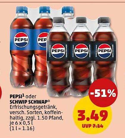 PEPSI oder SCHWIP SCHWAP Erfrischungsgetränk, 6 x 0,5 l