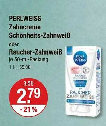 PERLWEISS Zahncreme Schönheits-Zahnweiß oder Raucher-Zahnweiß je 50-ml-Packung