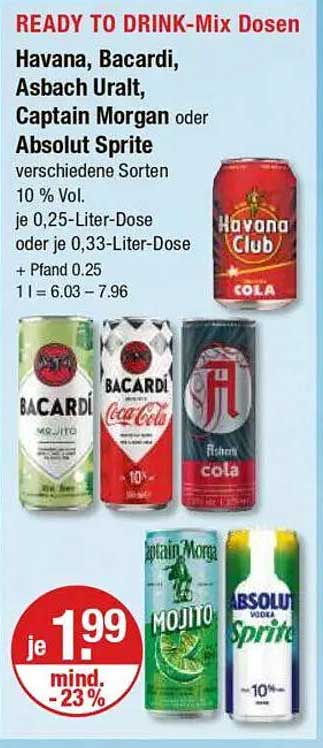 READY TO DRINK-Mix Dosen - Havana, Bacardi, Asbach Uralt, Captain Morgan oder Absolut Sprite