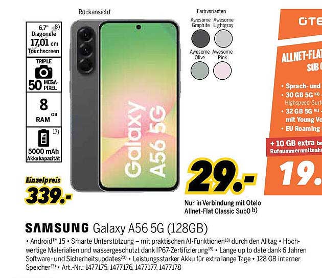 Samsung Galaxy A56 5G (128GB) nur 29,- mit Otelo Allnet-Flat