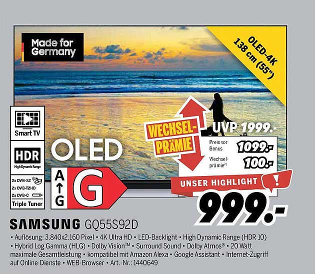 Samsung GQ55S92D – 138 cm (55 Zoll) 4K OLED Smart TV