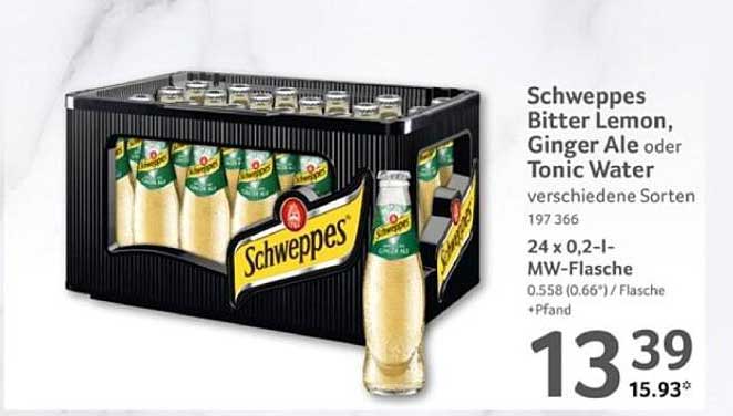 Schweppes Bitter Lemon, Ginger Ale oder Tonic Water - 24 x 0,2-Liter-MW-Flasche