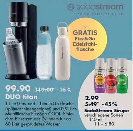 SodaStream DUO titan mit gratis Fizz&Go Edelstahlflasche