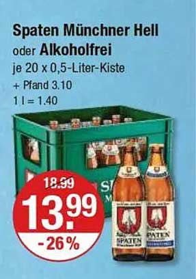Spaten Münchner Hell oder Alkoholfrei je 20 x 0,5-Liter-Kiste + Pfand 3.10