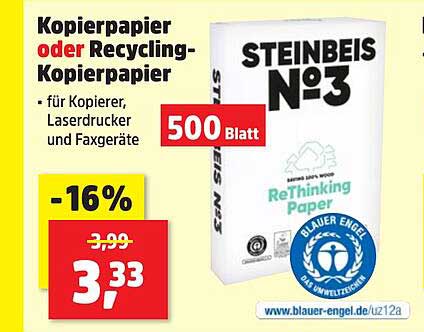 STEINBEIS N°3 Kopierpapier oder Recycling-Kopierpapier 500 Blatt