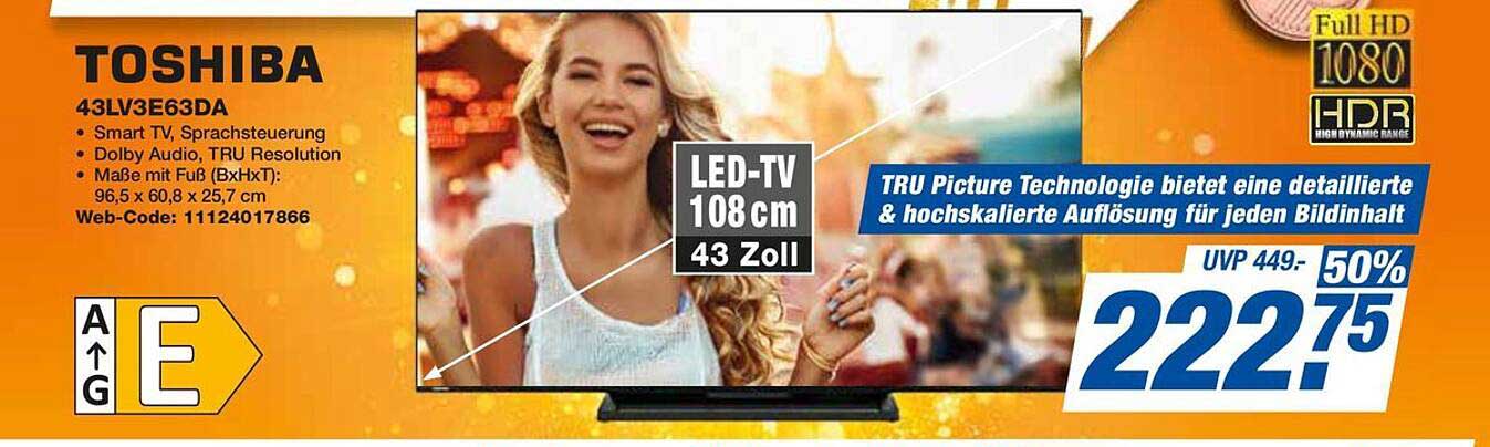 TOSHIBA 43LV3E63DA 43 Zoll LED-TV mit TRU Picture Technologie