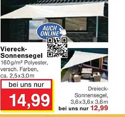 Viereck-Sonnensegel 160 g/m² Polyester, verschiedene Farben, ca. 2,5 x 3,0 m