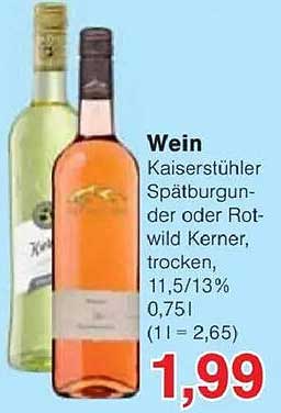 Wein Kaiserstäbler Spätburgunder oder Rotwild Kerner, trocken, 11,5/13%, 0,75l