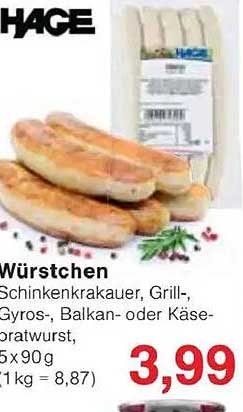 Würstchen - Schinkenkrakauer, Grill-, Gyros-, Balkan- oder Käsebratwurst, 5x90g