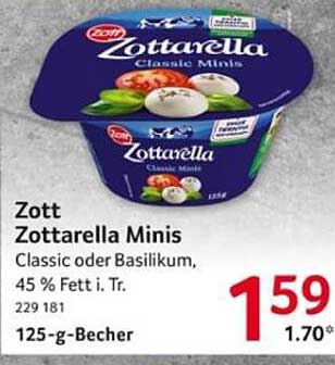 Zott Zottarella Minis Classic oder Basilikum, 45 % Fett i. Tr., 125-g-Becher