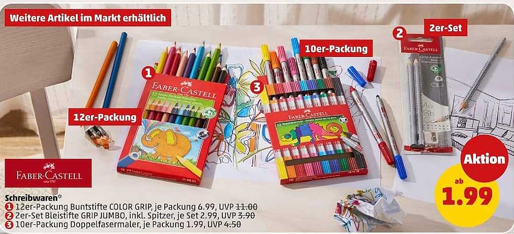12er-Packung Buntstifte COLOR GRIP, je Packung 6.99, UVP 11.00
2 2er-Set Bleistifte GRIP JUMBO, inkl. Spitzer, je Set 2.99, UVP 3.90
3 10er-Packung Doppelspitzer, je Packung 1.99, UVP 4.50