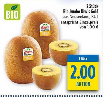 2 Stück Bio Jumbo Kiwis Gold aus Neuseeland, Kl. I entspricht Einzelpreis von 1,00 €