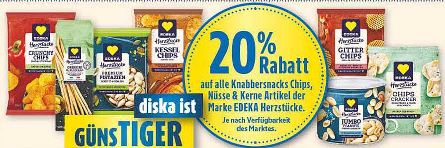 20% Rabatt auf alle Knabbersnacks Chips, Nüsse & Kerne Artikel der Marke EDEKA Herzstücke. Je nach Verfügbarkeit des Marktes.