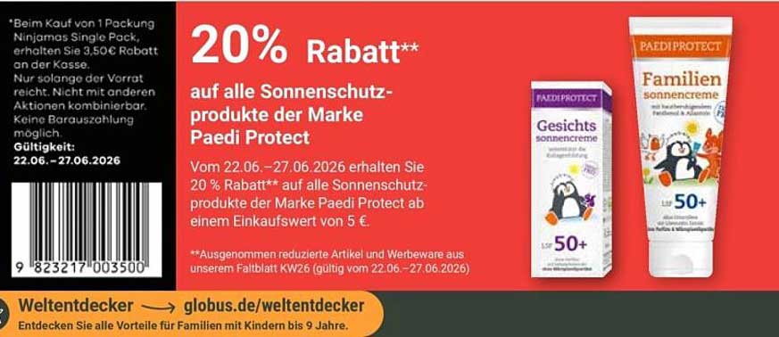 20% Rabatt** auf alle Sonnenschutzprodukte der Marke Paedi Protect