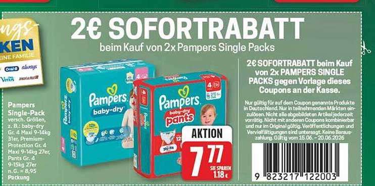 2€ SOFORTRABATT beim Kauf von 2x Pampers Single Packs