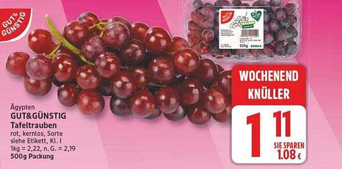 Ägypten GUT&GÜNSTIG Tafeltrauben rot, kernlos, Sorte siehe Etikett, Kl. I 500g Packung