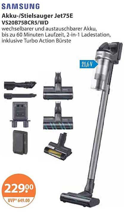 Akku-/Stielsauger Jet75E VS20B75BCR5/WD wechselbarer und austauschbarer Akku, bis zu 60 Minuten Laufzeit, 2-in-1 Ladestation, inklusive Turbo Action Bürste