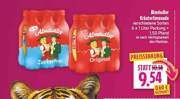 Almdudler Kräuterlimonade verschiedene Sorten 6 x 1 Liter Packung + 1,50 Pfand Je nach Verfügbarkeit des Marktes.