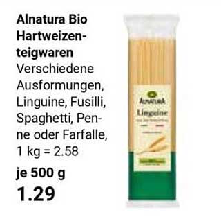 Alnatura Bio Hartweizen-teigwaren Verschiedene Ausformungen, Linguine, Fusilli, Spaghetti, Pen-ne oder Farfalle, 1 kg = 2,58 je 500 g