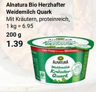 Alnatura Bio Herzafter Weidemilch Quark Mit Kräutern, proteinreich, 1 kg = 6.95 200 g