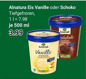Alnatura Eis Vanille oder Schoko Tiefgefroren, 1 l = 7.98, je 500 ml
