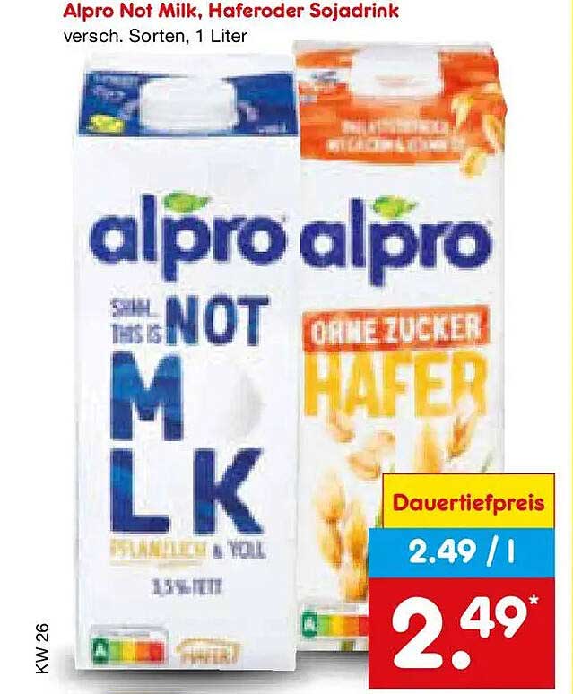 Alpro Not Milk, Haferoder Sojadrink versch. Sorten, 1 Liter