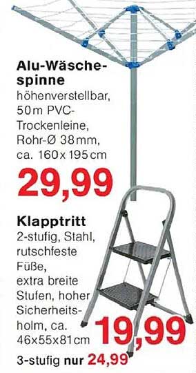 Alu-Wäsche-spinne höhenverstellbar, 50m PVC-Trockenleine, Rohr-Ø 38mm, ca. 160 x 195 cm