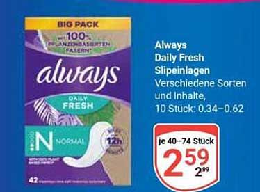 Always Daily Fresh Slipeinlagen Verschiedene Sorten und Inhalte, 10 Stück: 0.34–0.62