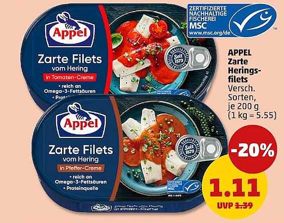 Appel Zarte Herings-filets Versch. Sorten, je 200 g (1 kg = 5.55)