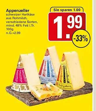 Appenzeller Schweizer Hartkäse aus Rohmilch, verschiedene Sorten, mind. 48% Fett i.Tr. 100g