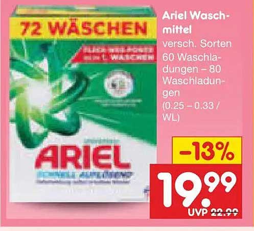 Ariel Waschmittel versch. Sorten 60 Waschladungen – 80 Waschladungen (0,25 – 0,33 / WL)