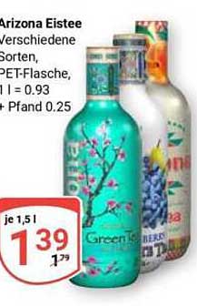 Arizona Eistee Verschiedene Sorten, PET-Flasche, 1 l = 0.93 + Pfand 0.25