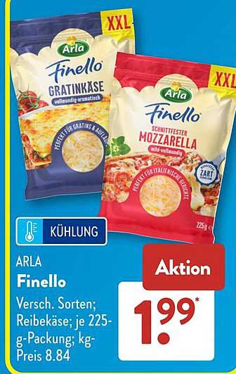 ARLA Finello Versch. Sorten; Reibekäse; je 225-g-Packung; kg-Preis 8.84