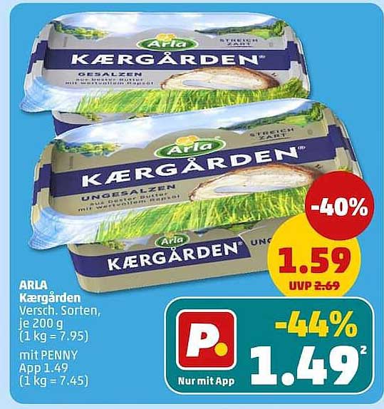 ARLA Kærgården Versch. Sorten, je 200 g (1 kg = 7.95) mit PENNY App 1.49 (1 kg = 7.45)