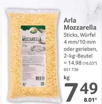 Arla Mozzarella Sticks, Würfel 4 mm/10 mm oder gerieben, 2-kg-Beutel