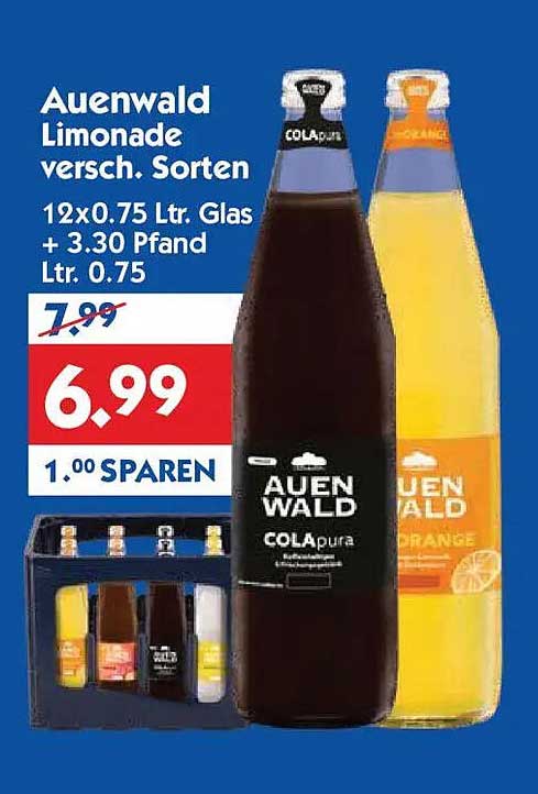 Auenwald Limonade versch. Sorten 12x0.75 Ltr. Glas + 3.30 Pfand Ltr. 0.75